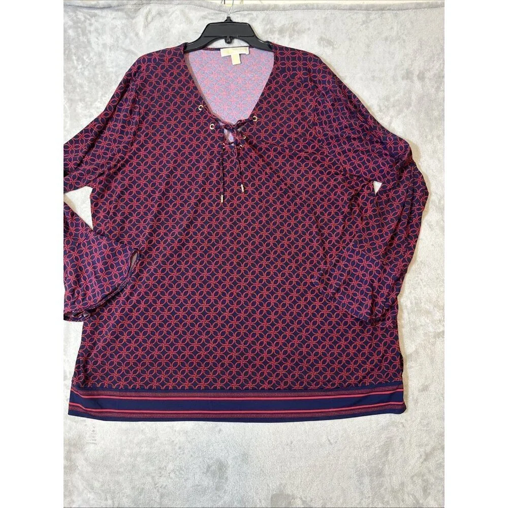 Michael Kors Plus Size 3X Lace Up V-Neck Tunic Blouse Geometric Print